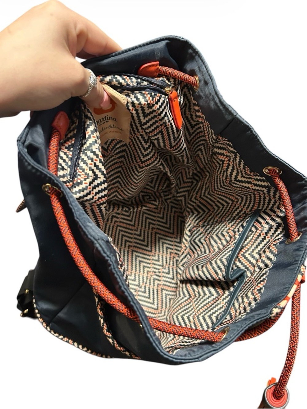 Spartina 449 Armada Tassel Backpack Daufuskie Island Navy Orange Embroidered Bag - Picture 6 of 8